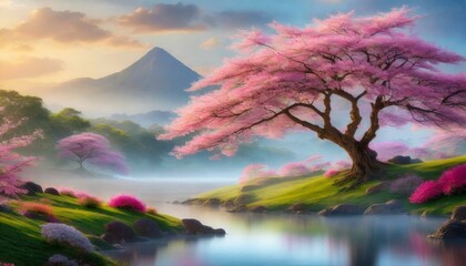 A large pink tree grows in the middle of a river near mountains and green grass