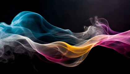 Colorful smoke forms waves on black background for product presentation