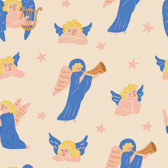 Christmas and new year seamless pattern with victorian angels cartoon characters. New year celebration set of Vector illustrations. - 733546359