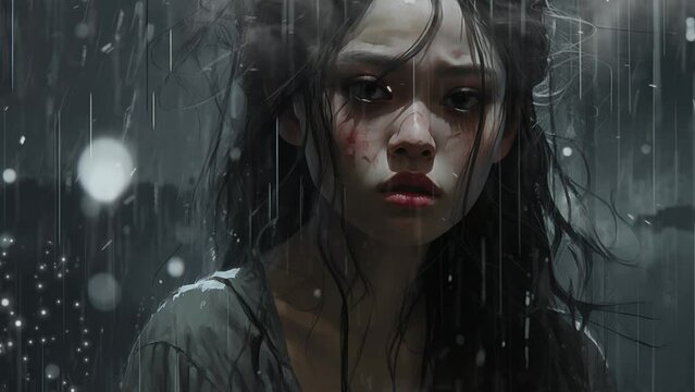 a woman in rain. beautiful girl with rain background. seamless looping overlay 4k virtual video animation background 