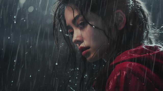 beautiful girl with rain background. portrait of a person in a rain. seamless looping overlay 4k virtual video animation background 
