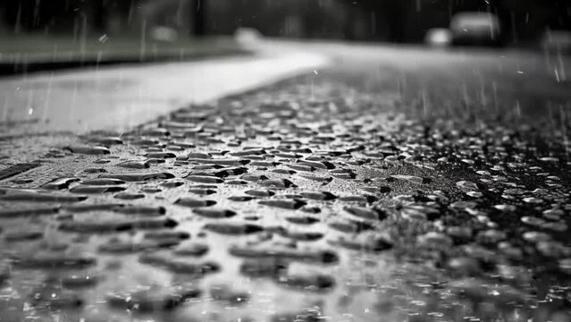 rain drop on wet asphalt road black and white style. seamless looping overlay 4k virtual video animation background 