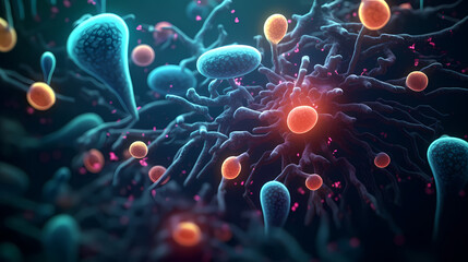 Various shapes of bacteria, probiotics under microscope, science, medicine concept background