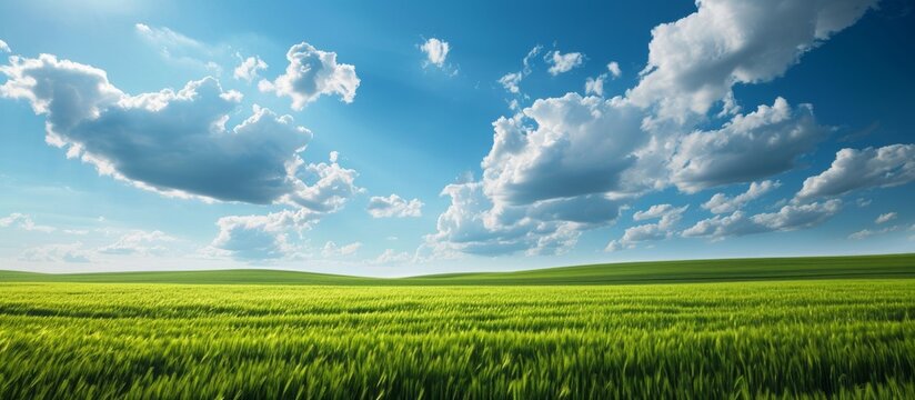 Vibrant Green Field, Tranquil Blue Sky, and Soft Light Casting Gentle Shadows on Fluffy Clouds Over a Serene Green Field, Blue Sky, and Gentle Light