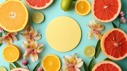 A food preparation design of sliced citrus fruits with a blue background, Generative AI.