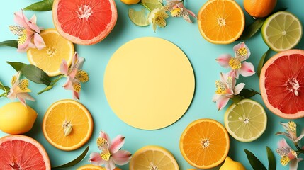 A food preparation design of sliced citrus fruits with a blue background, Generative AI.