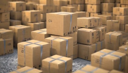 Cargo, delivery and transportation industry concept: stacked cardboard boxes on wooden shipping pallet isolated on white background