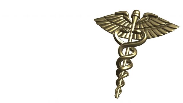 3D rendered gold color caduceus, symbol of medicine and related sciences, coming with dolly out to frame on white background. 4K resolution, large copy space.
