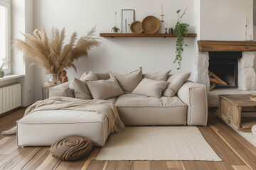 Interior design of modern apartment with bright sofa, wooden table, fireplace,  home plants and decoration. Interior mockup. Scandinavian interior design. Generative AI