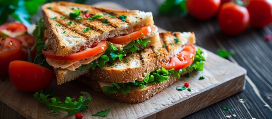 A delicious grilled sandwich with lettuce, tomatoes, and ham served on a rustic wooden cutting board. A mouthwatering dish made with whole wheat bread, a staple food in many cuisines.