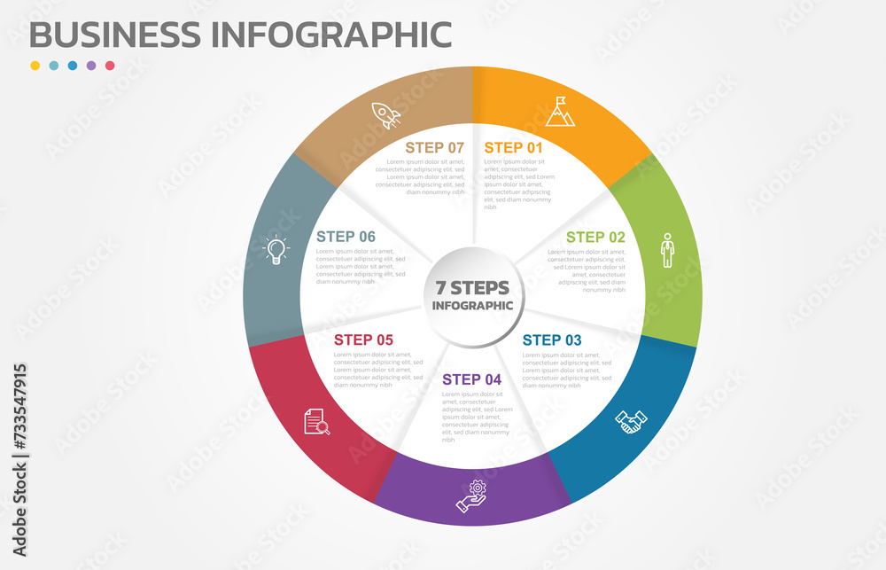 Poster Visual data presentation. Cycle diagram with 7 options. Pie Chart Circle infographic template with 7 steps, options, parts, segments. Business concept. Marketing infographic vector illustration. 