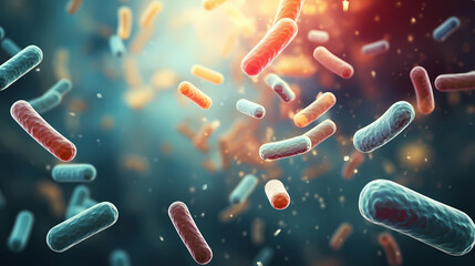 Various shapes of bacteria, probiotics under microscope, science, medicine concept background