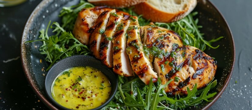 Grilled chicken breast with lamb's lettuce salad, baguette, and Dijon mustard.
