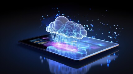 hologram Cloud with Tablet on technology background, Cloud Computing Concept,