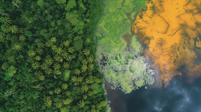 Aerial View of Dense Green Forest Meeting Orange Contaminated Water with Cloud Reflections