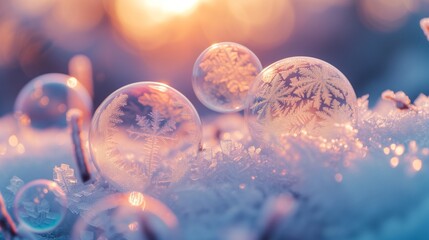 A delicate bubble stands frozen in the winter air, the rising sun casting a warm glow on its icy surface. - obrazy, fototapety, plakaty