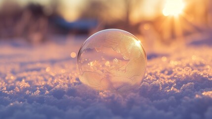 A bubble's delicate dance with cold ends in a frozen display of nature's artistry at sunrise.