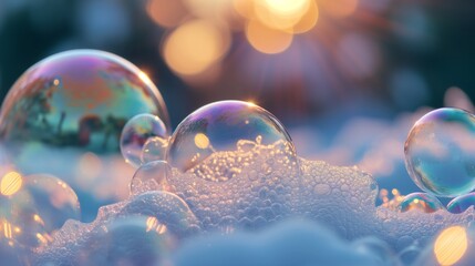 The intricate beauty of a frozen bubble's surface, caught in the act by a macro lens at dawn.