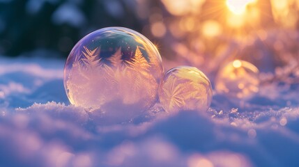 The cold morning air crystallizes a soap bubble, suspending it in time amidst the snowflakes.