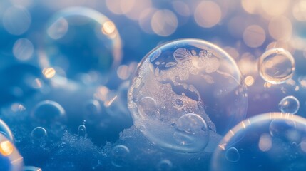 A frozen sphere balanced on snow, the bubble's icy surface glistening as dawn breaks.