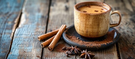 A cup of coffee blended with cinnamon sticks and star anise placed on a rustic wooden table, creating a cozy and aromatic still life scene.