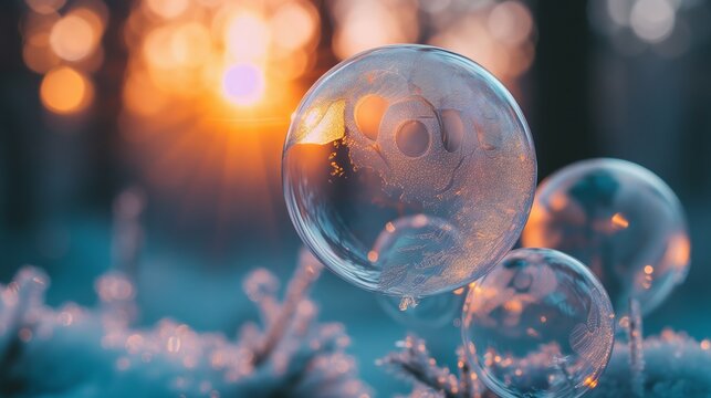 The golden glow of sunrise illuminates the detailed frost patterns on a soap bubble, contrasting the warm and cold elements of a winter scene. - Powered by Adobe