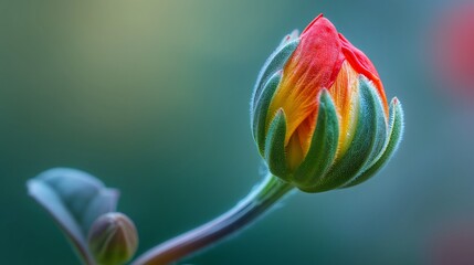 Dew magnifies the intricate details of a flower bud's petals in this macro photograph.