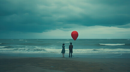 Obraz premium Two silhouetted figures stand by the sea with a single red balloon under a stormy sky