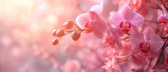 Beautiful green leaves and blooming orchid in a spring garden on a bright sunny day. Natural colorful background, banner with copy space. Generated AI