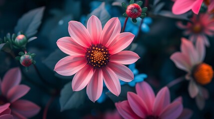 The radiant presence of a dahlia in the garden, its bloom a focal point of natural beauty and tranquility. - obrazy, fototapety, plakaty