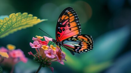 Fototapeta premium The natural pattern of a butterfly's wings stands out against the backdrop of a garden in bloom.