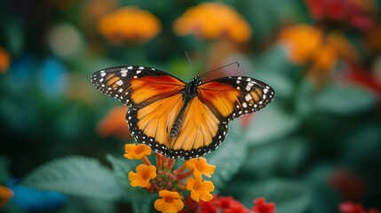Obraz premium A moment of tranquility as a butterfly with vivid wings sits atop a blooming flower.