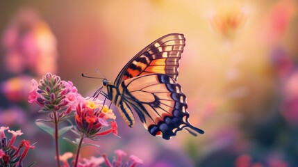 Fototapeta premium The dance of a butterfly's wings against the bright hues of a flower in full bloom.