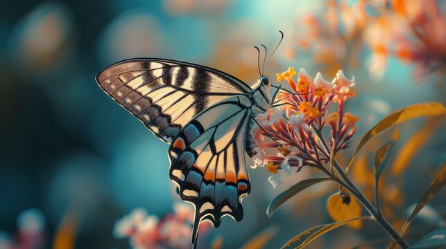 Sunlight filters through the wings of a butterfly, illuminating its patterns while it visits a flower.
