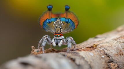 A macro view of a peacock spider in the midst of its fascinating mating dance.