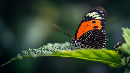 Fototapeta premium A butterfly's graceful form contrasts with the rich textures of the tropical foliage it sits upon.