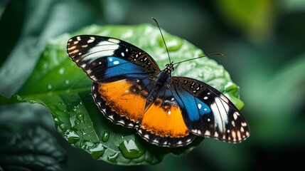 Naklejka premium A butterfly's presence among tropical plants showcases the intricate balance of the ecosystem.