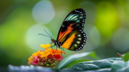 A butterfly's intricate wing patterns are highlighted in the moist, verdant setting of a rainforest.