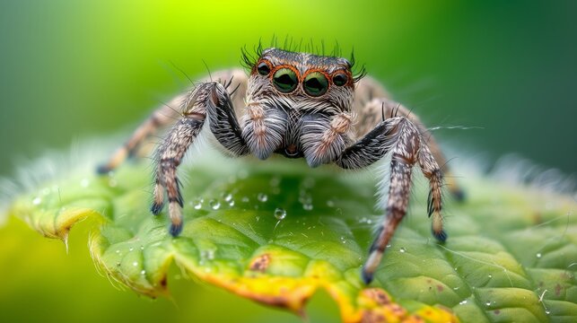 The minute magnificence of a jumping spider's body, from its eyes to its furry legs, is showcased in this image.