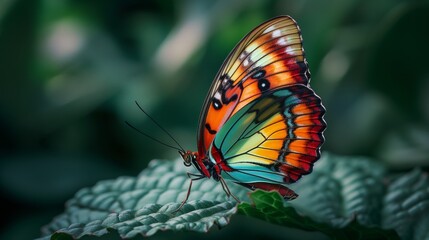 A butterfly's wings, dotted with dew, reflect the freshness of the tropical environment.