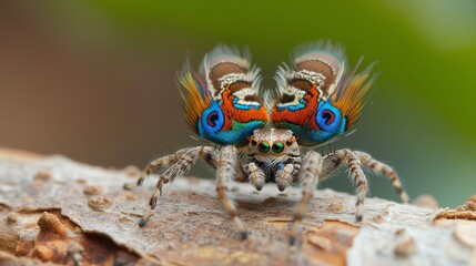 Close-up of a colorful peacock spider showing detailed patterns.