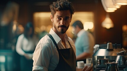 Fototapeta premium Barista in a coffee shop close-up, Hyper Real