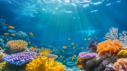 Tropical fish swim among the colorful anemones of a thriving coral garden.