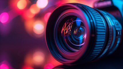 Fototapeta na wymiar The camera lens's diaphragm in sharp focus against a colorful, blurred backdrop.