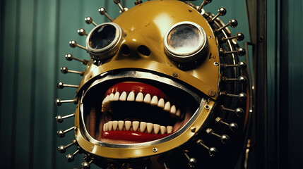 A vintage diving helmet with a big red smiling mouth, offering a quirky and ironic take on underwater gear