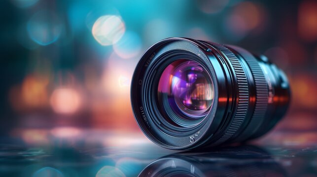 Aesthetic reflection on a camera lens, merging technology with creativity.