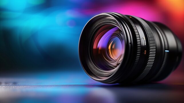 The art of photography illustrated by a lens with colorful light reflections.