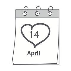 14 April calendar page with date and hand drawn hearts shape stroke. Design for Black Day greetings