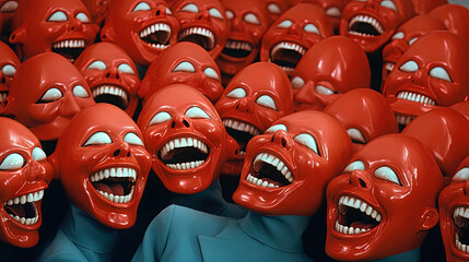 A surreal gathering of identical red laughing masks in various sizes creating an eerie yet humorous scene
