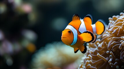 Fototapeta na wymiar Coral reef biodiversity displayed through the life of a vibrant clownfish.